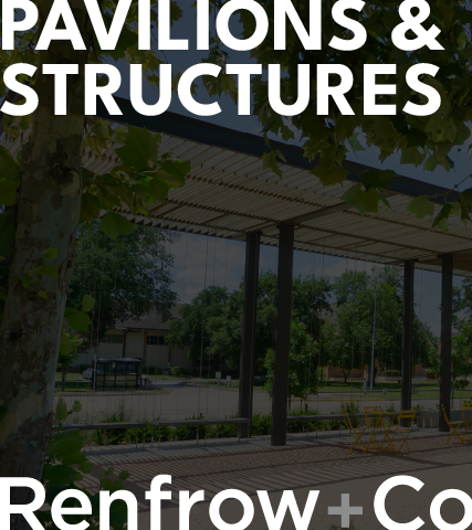 Custom outdoor pavilions and structures designed by Renfrow+Co showcasing architectural metal and wood fabrication in Houston