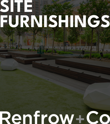 Modern outdoor benches, seating, and furnishings designed by Renfrow+Co in a landscaped urban park, featuring custom woodworking and architectural metal works
