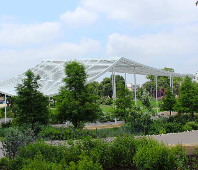 Decorative metal architectural structure on school grounds