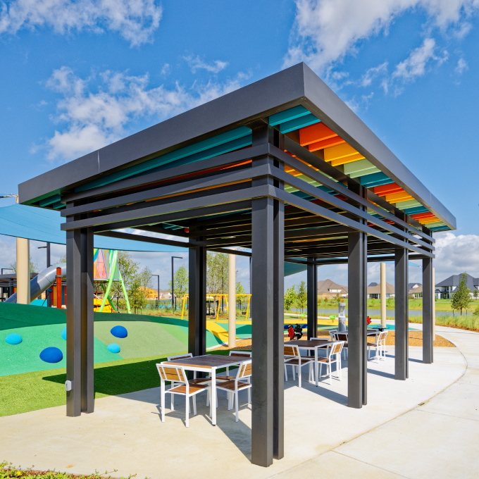 Levy Park orange ornamental play structure